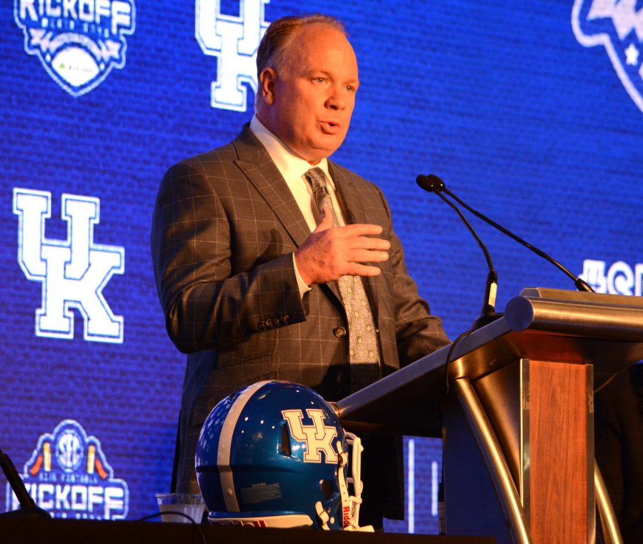 Kentucky+coach+Mark+Stoops+addressed+reporters+during+SEC+Media+Days+last+year+in+Hoover%2C+Alabama.+