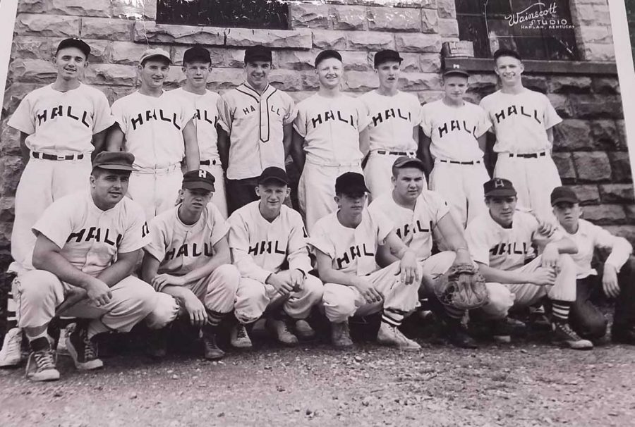 Hall won the 13th Region baseball title in 1955 and finished as state runner-up. The Gamecocks won district titles in 1951, 1953 and 1955. Team members include, from left, front row: coach Roman Todoran, Charles “Poss” Adams, Estil “Pedo” Blanton, Joe Shephard, O.C. McKeehan, Parker Prince and Bill “Wendy” Williams; back row: Jackie Ray Morgan, Delmar Napier, Gillus “Gil” Adams, Wendell Hensley, Earl “Red” Hansel, James McCreary, Harold Sizemore and Carlyle “Brownie” Owens.
