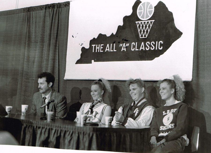 Cumberland coach John Bond is pictured with Joey Morris, Lori Kluck and Kelley Morris during one of the Lady Skins two All A Classic state titles in 1991 and 1992.