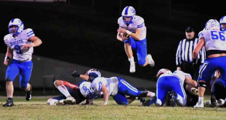 Bell County’s Brandon Baker went airborne on the way to a big gain in Friday’s 13-6 win over Rockcastle County. Baker ran for 179 yards and scored two touchdowns in the victory.