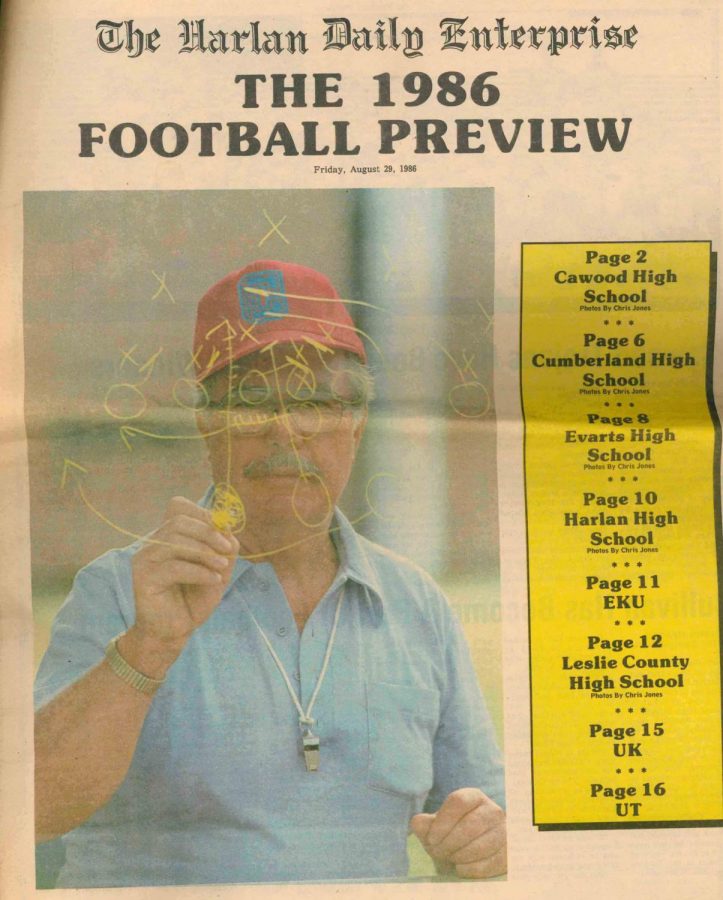 Cawood coach Jim Cullivan is pictured on the cover of the Harlan Daily Enterprise football preview in 1986 after earning state coach of the year honors for leading the Trojans to an undefeated regular season in 1985. The Trojans were also unbeaten in the 1982 regular season. Cullivan posted a 66-28 record from 1980 to 1988.