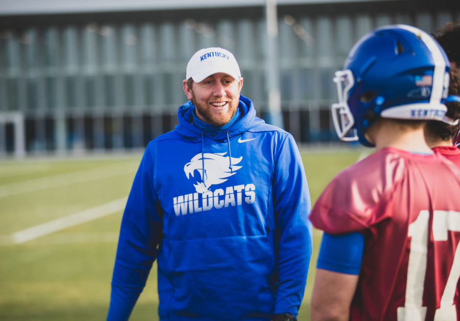 Offensive coordinator Liam Coen has been mostly all smiles during spring workouts.