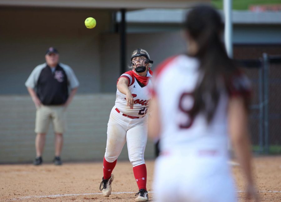South Laurel pitcher Chloe Taylor recorded an out at first base during the Lady Cards win over Harlan County in the 13th Region Tournament on Saturday.