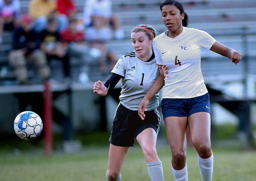 Harlan Countys Abigail Gaw battled for possession in Thursdays match against Knox Central at the James A. Cawood field. Gaw had the only goal for the Lady Bears in an 11-1 loss.