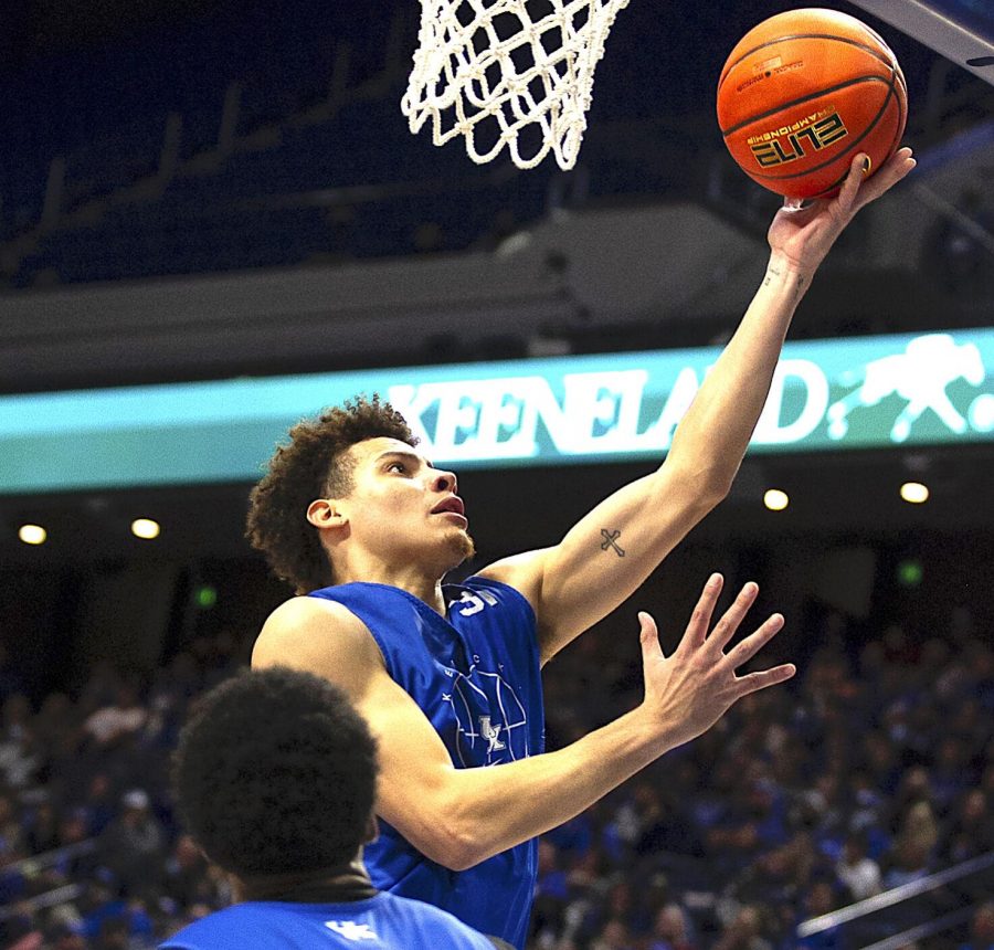 Kellan Grady went up for a layup in Kentuckys Blue-White game last Friday night at Rupp Arena.
