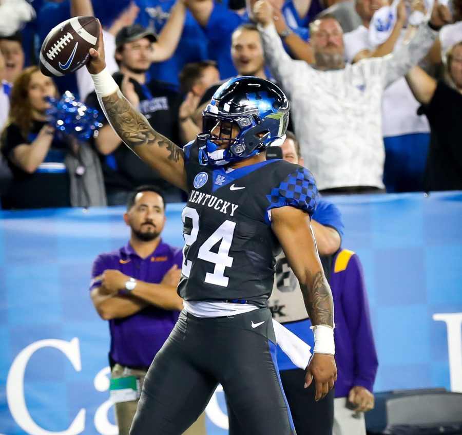 Kentucky running back Chris Rorriguez celebrated a touchdown in a win over LSU last weekend. The Wildcats will take on No. 1 Georgia on Saturday in Athens.
