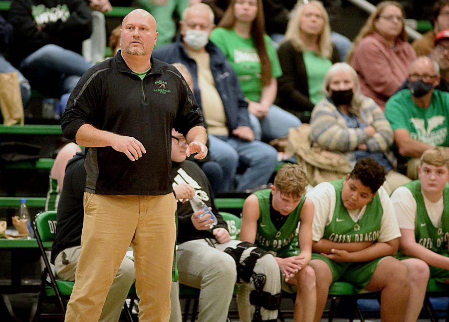 Harlan coach Travis Cox provided instructions during a game earlier this season. The seventh- and eighth-grade Dragons improved to 10-3 on the season with a win at Middlesboro on Monday.
