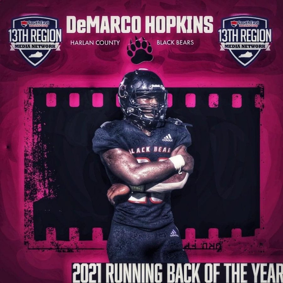 Harlan County senior running back Demarco Hopkins was honored as the 13th Region Media Network Running Back of the Year. Hopkins rushed for 1,508 yards and scored 21 touchdowns.