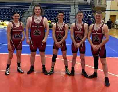 Winners from Harlan County High School in a meet at Knox Central on Saturday included, from left: Daisha Marlow, third place in division; Stephen Fee, second place in division; Tucker Dennis, first place in division; Brennen Bennett, third place in division; and Logan Madon, second place in division.