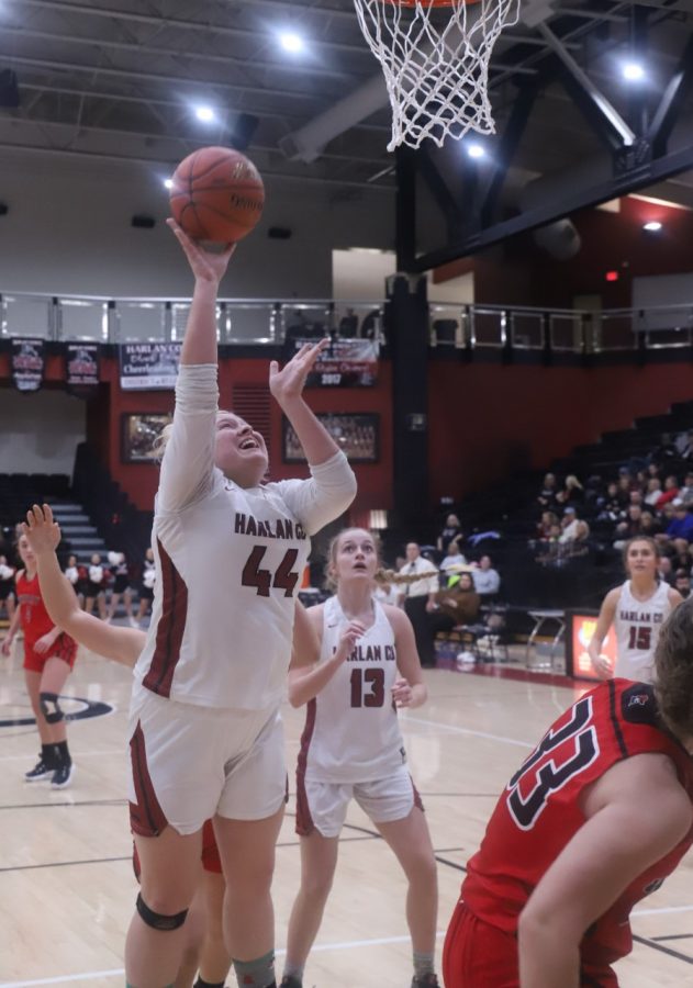 Harlan County center Taylor Lunsford went inside for two of her nine points in the Lady Bears win over Whitley County.