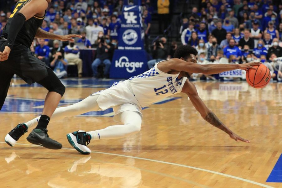 Kentuckys+Keion+Brooks+went+on+the+floor+for+a+loose+ball+in+Kentuckys+83-56+win+over+Missouri+Wednesday+night+at+Rupp+Arena.