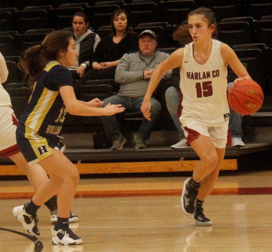 Harlan County guard Ella Karst, pictured in action earlier this season, scored 16 points on Friday in the Lady Bears loss at Corbin.