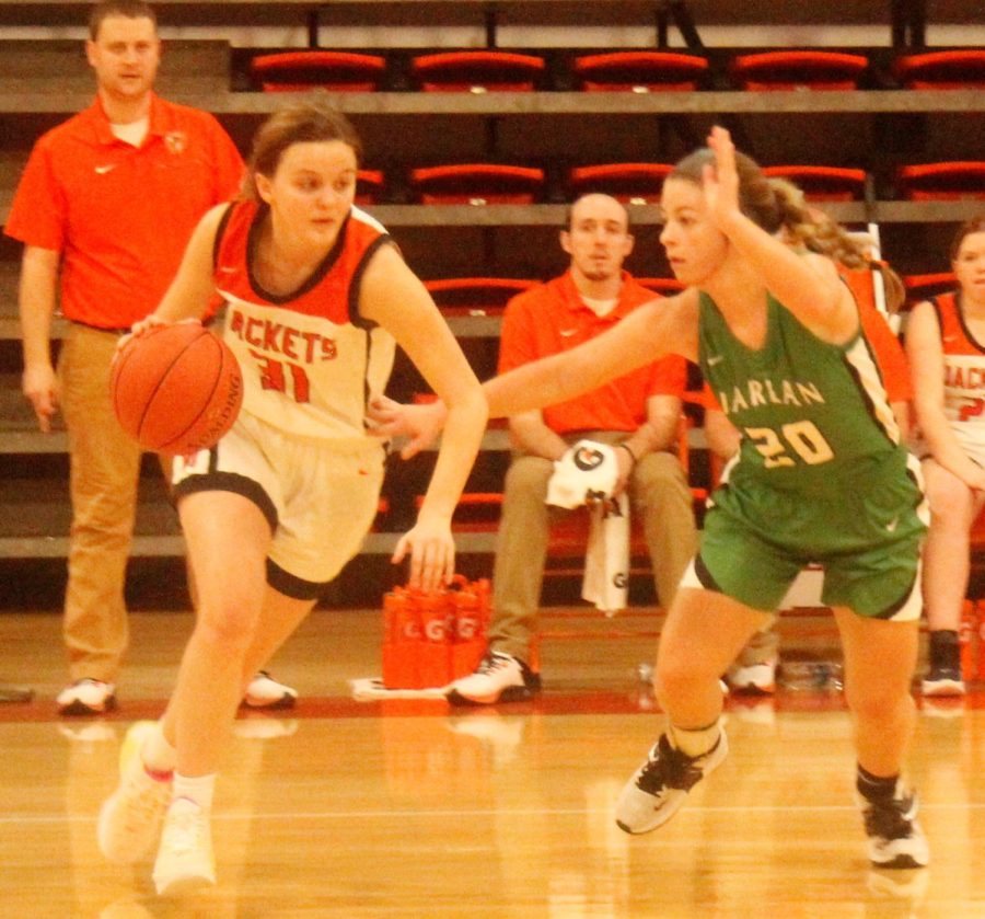 Harlan guard Emma Owens, pictured on defense in a game at Williamsburg last week, scored 17 points on Tuesday in the Lady Dragons 84-13 rout of Oneida Baptist in the 13th Region All A Classic.