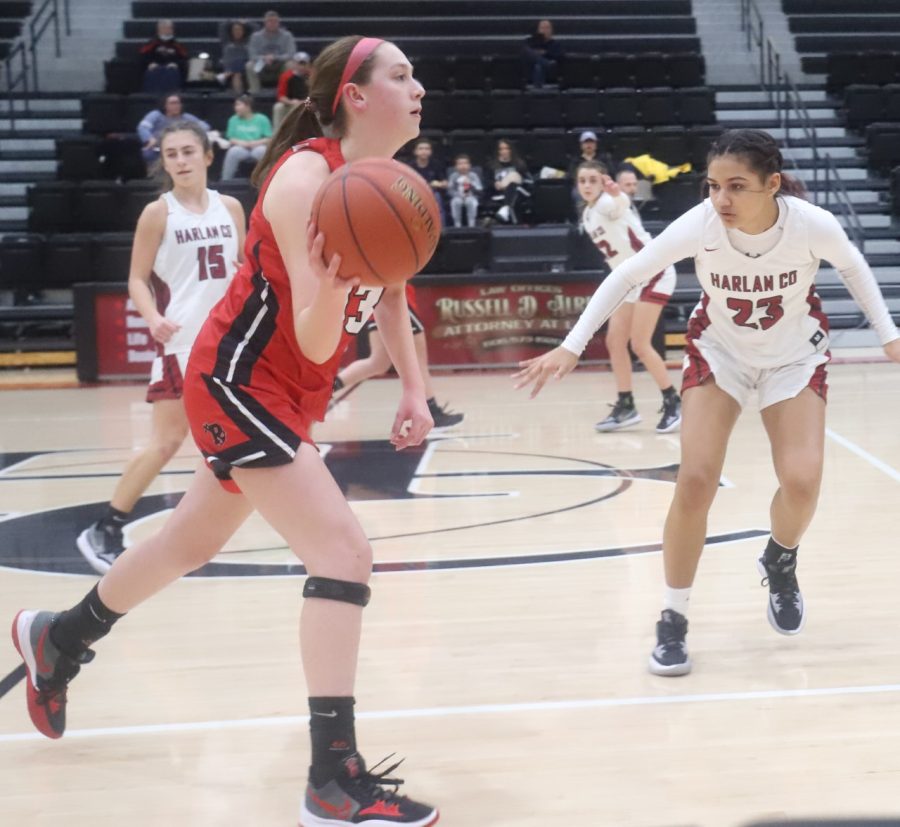 Harlan Countys Paige Phillips worked on defense in Mondays game against Perry Central. Defense helped carry the Lady Bears to a 59-55 win.