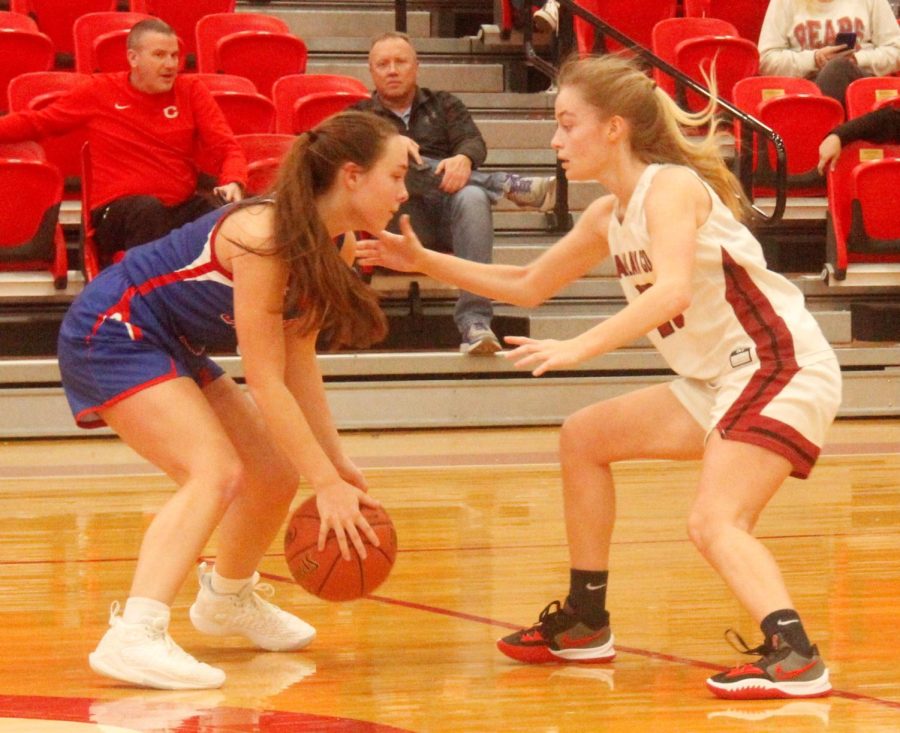 Harlan County guard Taytum Griffin worked on defense against Jackson County earlier this season. The Lady Bears rallied for a 56-44 victory Monday over Pineville.