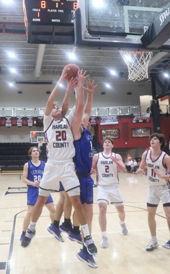 Harlan County senior guard Jackson Huff went up for a rebound on Thursday in the Bears win over visiting Letcher Central.