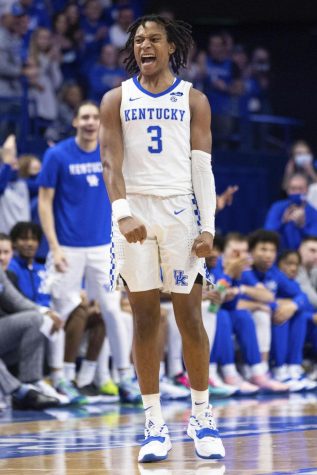 Kentucky guard TyTy Washington Jr. (3) celebrated after a 3-pointer during the second half of a game against Tennessee.