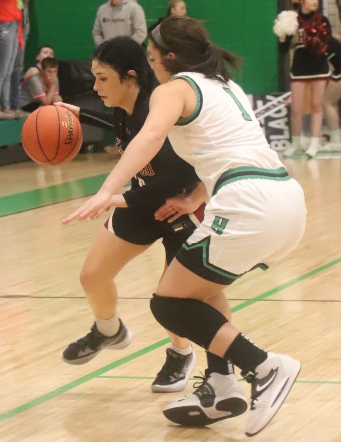 Harlan Countys Jaylin Smith worked against Harlan forward Kylie Noe in Tuesdays game. Smith scored 11 for the Lady Bears, while Noe had 15.