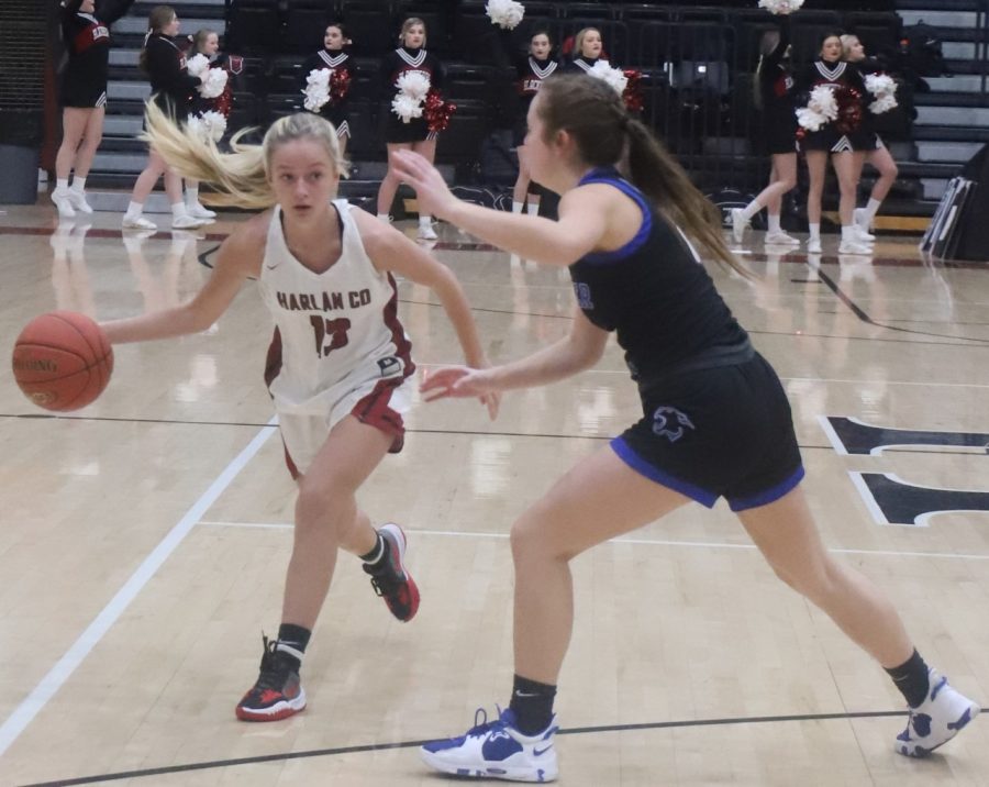 Junior guard Taytum Griffith, pictured in action earlier this season, scored 11 points on Tuesday as Harlan County rallied for a 46-43 win at Jenkins.