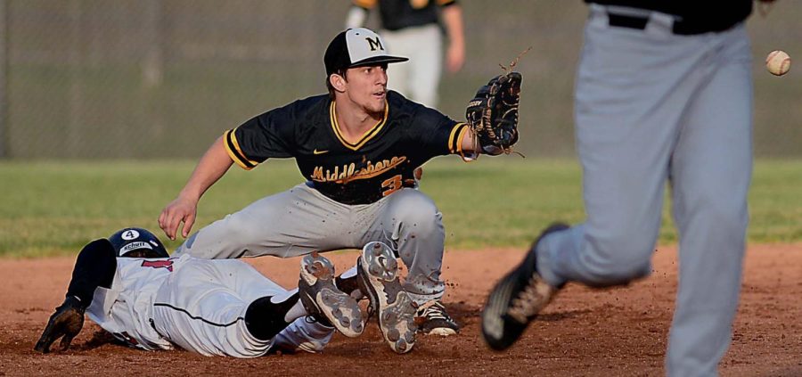 Middlesboro second baseman Lane Bayless took a throw as Harlan Countys Braydon Burton slid during Tuesdays district clash. Burton had a double and single and scored the Bears only run in a 1-0 victory.