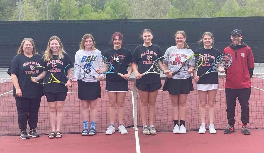 The HCHS girls tennis team includes, from left, coach Angie Lewis, Amber Lewis, Kalista Dunn, Lindsay Hall, Laura Ball, Kaitlyn Daniels, Abigail Gaw and coach Caleb Bailey.