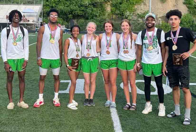 Harlan High School athletes who qualified for the Class A state track meet included, from left: Darius Akal, Jaedyn Gist, Willow Schwenke, Mia Claire Pace, Peighton Jones, Abbie Jones, Johann Gist and Kaleb McLendon.