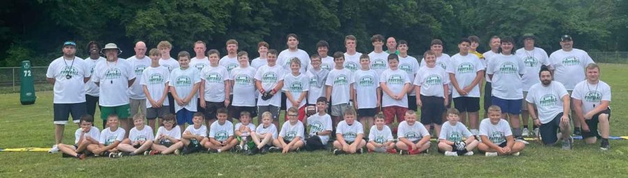 Harlan High School coaches and players led a two-day football camp last week at the HHS field. Coach Eric Perry said 36 campers in grades 3-8 participated. Campers are pictured working through drills with coaches (below) and then gathered for a group photo.
