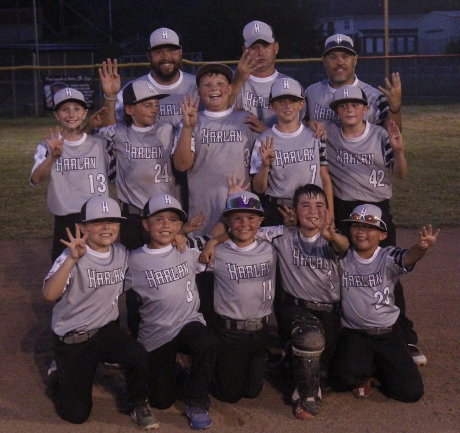 The Harlan All-Stars advanced to the District 4 Tournament final four next week with a 16-9 win Thursday over Knox County. Team members include, from left, front row: Landen Smith, Nate Thomas, Judah Shope, Seth Johnson and Maddox Landa; middle row: Jesse Pendergrass, Brantley McCarthur, Brylee Southerland, Gabriel Helton and  Bryson Millis; back row: coaches Chris Southerland, Steven Johnson and Frank Shope.
