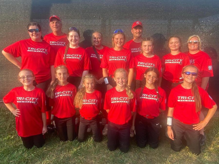 The Tri-City All-Stars (ages 11-12) include, from left, front row: Lilly Blair, Lexi Boggs, Julionna Johnson, Jordyn Smith, Sienna Banks and Aly Sherman; middle row: Daelyn Garland, Lexi Foutch, Lexi Adams, Katelyn Smith and Peyton Lewis; back row: coaches Corky Tackett, Colleen Pendleton, Scott Sherman and Melissa Adams.
