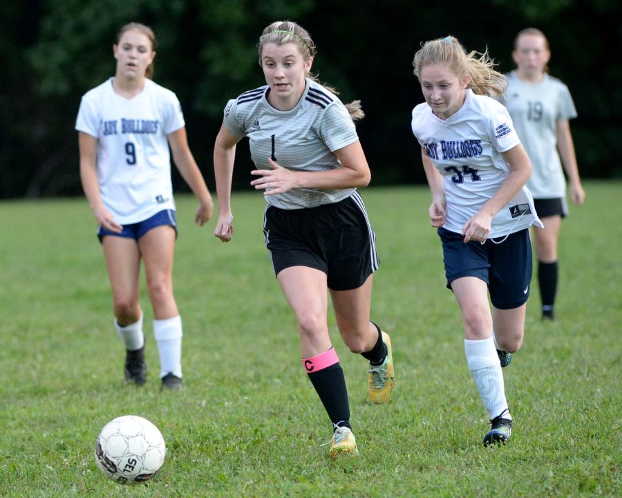 Harlan County senior Abigail Gaw raced toward the goal in action Tuesday against visiting Claiborne, Tenn. The Lady Bulldogs won 9-0 as HCHS fell to 1-4 on the season. Harlan County defeated Hazard 2-0 last week as Gaw and Livia Gilbert each recorded goals.