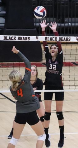 Harlan County junior Destiny Cornett went up at the net during the Lady Bears win Tuesday over visiting WIlliamsburg.