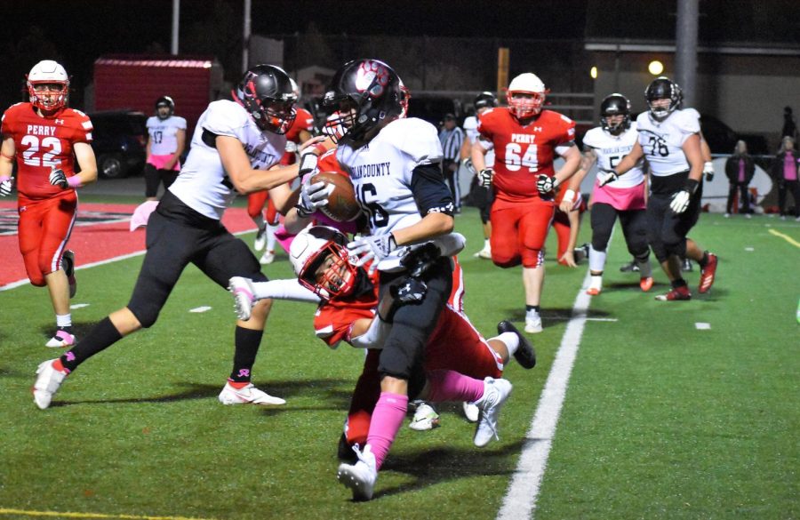 Harlan County sophomore defensive back Luke Kelly returned two interceptions for touchdowns in the Black Bears 52-36 win Friday at Perry Central.