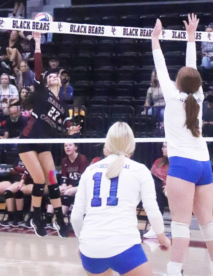 Harlan Countys Ashton Evans, pictured in action earlier this season, had five kills and four aces Tuesday in the Lady Bears three-set victory at Middlesboro.
