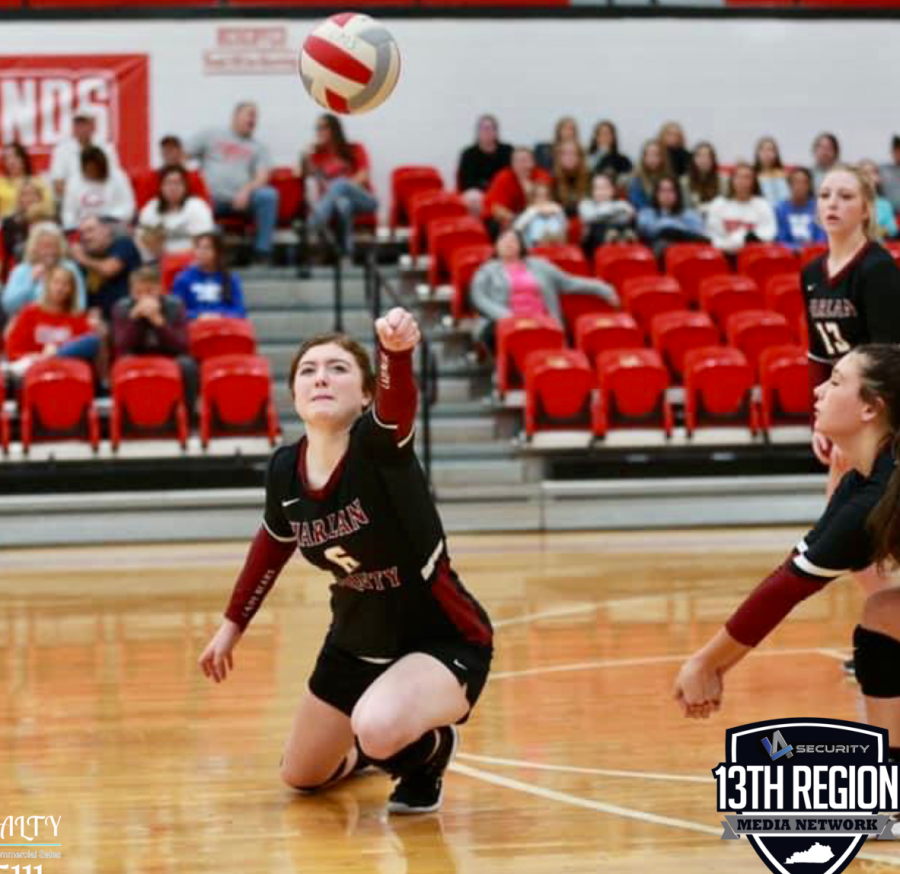 Harlan County freshman Kalista Dunn went to the floor to keep the ball alive during 13th Region Tournament action Tuesday at Corbin. Dunn led the Lady Bears with 20 digs and four kills.