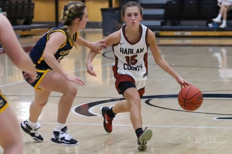 Harlan County guard Ella Karst, pictured in action earlier this season, scored 22 points on Tuesday in the Lady Bears 63-42 victory at Whitley County.
