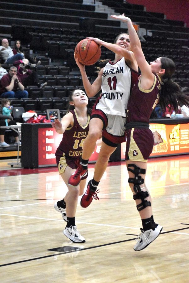 Harlan County guard Ella Karst went up for two of her 27 points on Thursday in the Lady Bears 63-55 win over Leslie County.