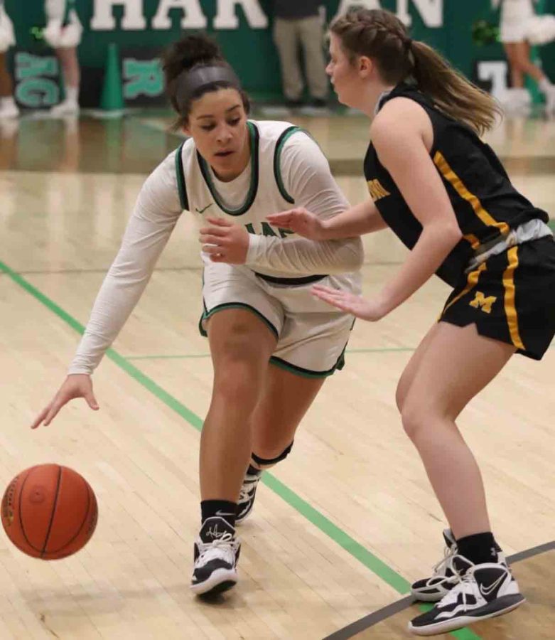 Harlan+sophomore+guard+Kylie+Noe+worked+against+a+Middlesboro+defender+in+action+from+the+13th+Region+All+A+Classic+on+Monday.+Noe+scored+12+points+in+the+Lady+Dragons+54-23+victory.