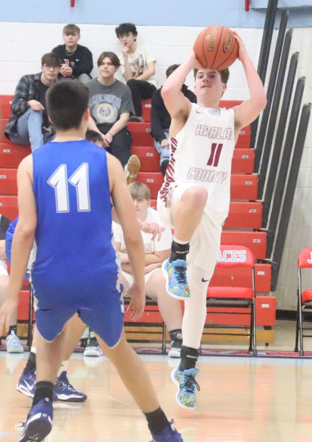 Harlan County sophomore guard Ethan Simpson worked inside for a shot in the Bears junior varsity win Monday over Bell County.