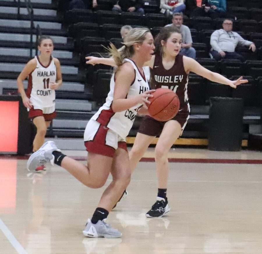 Harlan County senior guard Hailey Austin headed to the basket in Tuesdays game against Owsley County.