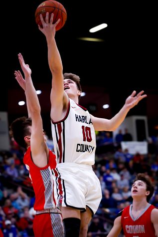 Harlan County junior guard Jonah Swanner went up for a shot in 13th Region Tournament action Thursday against Corbin.