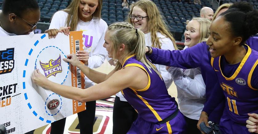 Former Harlan all-stater Jordan Brock placed the Tennessee Tech logo into position as the Ohio Valley Conference champions after a win  Saturdady over Little Rock in the tournament finals. Maaliya Owens (11), the daughter of former Cumberland standout Monica Owens, also joined in the celebration after she joined the schools 1,000-point club during the game.