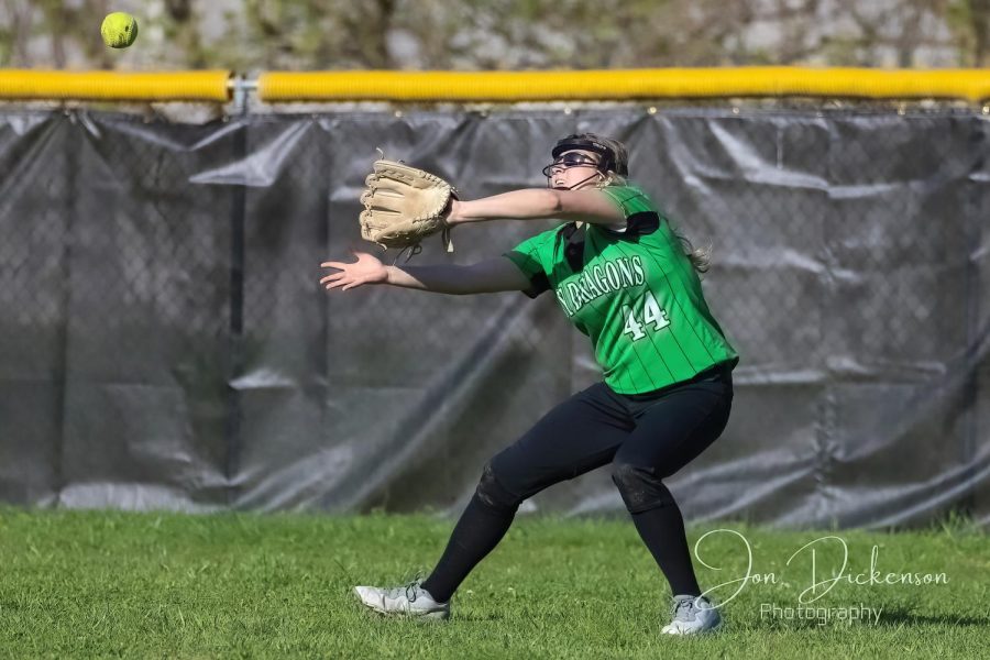 Harlan outfielder Annie Hoskins moved in for a catch in Mondays game against visiting Letcher Central. The Lady Dragons fell to 1-9 on the season with a 16-4 loss.