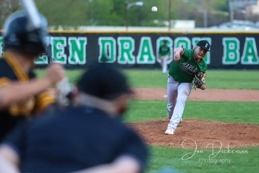 Harlans Baylor Varner delivered a pitch in Mondays game against Middlesboro. Varner struck out 12 in six innings and gave up two earned runs as the Dragons ended a 13-game-losing streak against the Jackets with a 4-3 victory.