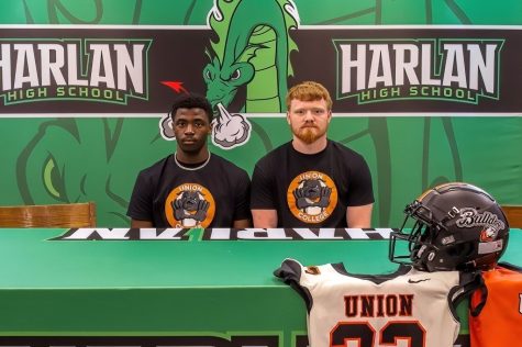 Harlan seniors Will Austin and Jayden Ward signed to continue their football and academic careers with Union College.