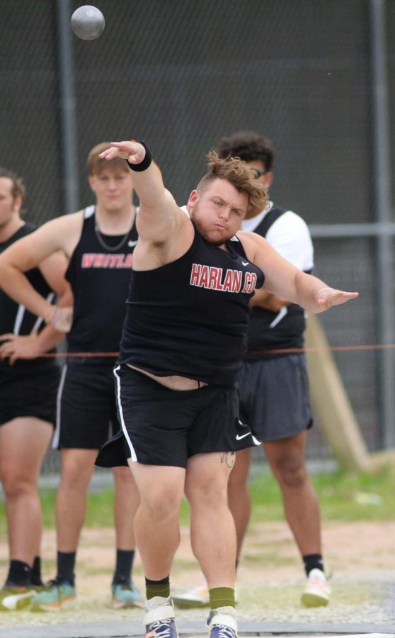 Harlan County senior Connor Blevins, pictured in action earlier this season, placed third in the shot put at a meet at Boyle County.