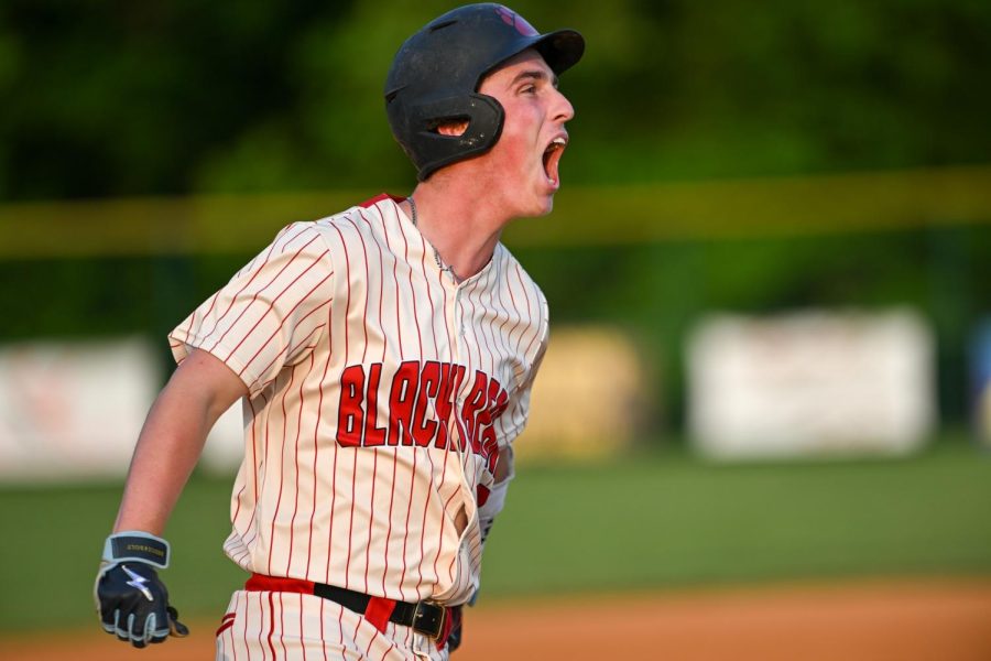 Harlan Countys Mason Himes celebrated a homer in his first at bat with the Black Bears on Wednesday in the 52nd District Tournament finals.