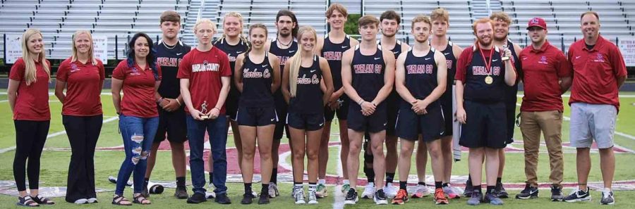 The Harlan County High School track seniors were honored recently. Seniors and coaches, front row, from left, include Abby Vitatoe, Baili Bailey, Miranda Epperson, Hunter Smith, Emilee Eldridge, Taytum Griffin, Hunter Crain, Austin Crain and Kaleb Michael; back row: Tanner Griffin, Taylor Lunsford, William Jones, Andrew Yeary, Gavon Spurlock, Kyle Farley, Connor Blevins, Josh Sargent and Ryan Vitatoe.