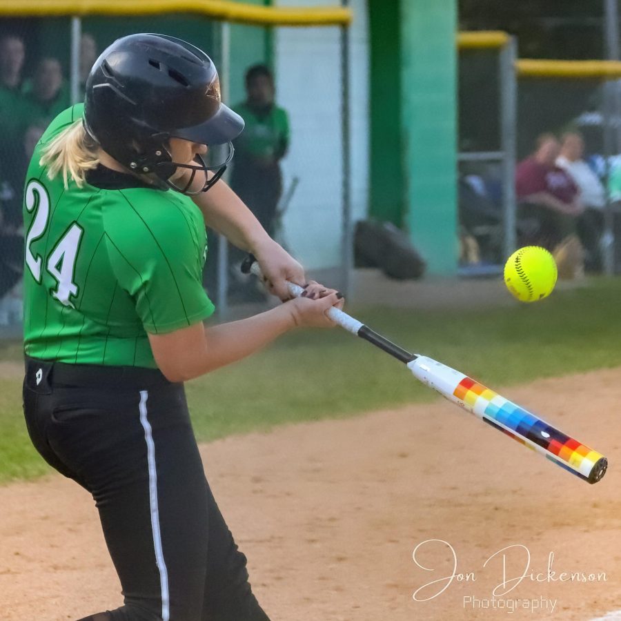 Harlans Addison Jackson connected on a pitch in action earlier this season. Jackson had four hits Saturday in the Lady Dragons doubleheader sweep of Knott Central.