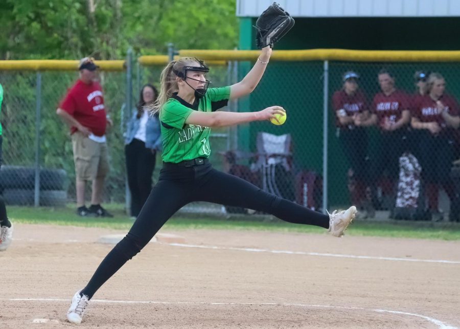 Harlans Mallory McNiel delivered a pitch in action earlier this season. The Lady Dragons rolled to a 15-4 win over Barbourville on Monday.