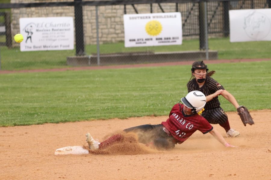 Harlan Countys Rylie Maggard stole second base during Thursdays game against Leslie County. The Lady Bears won 7-2.